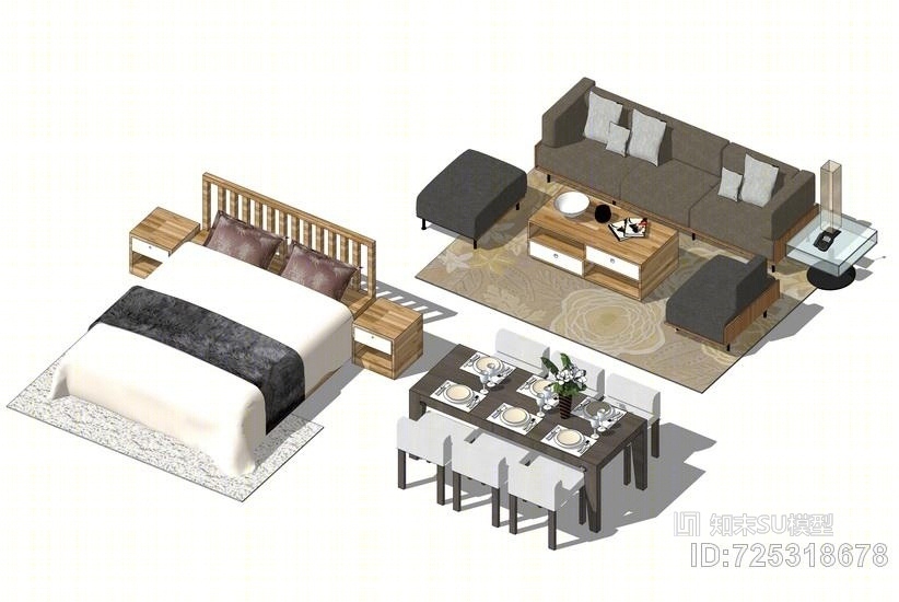 日式家具组合SU模型下载【ID:725318678】