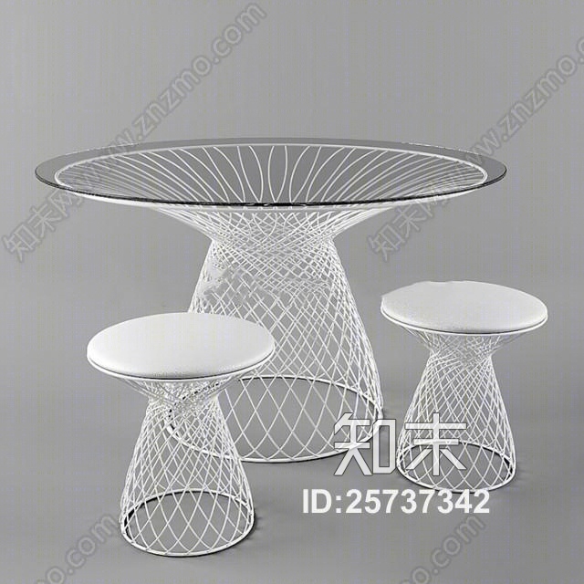 现代铁艺玻璃圆桌凳子组合下载3D模型下载【ID:25737342】