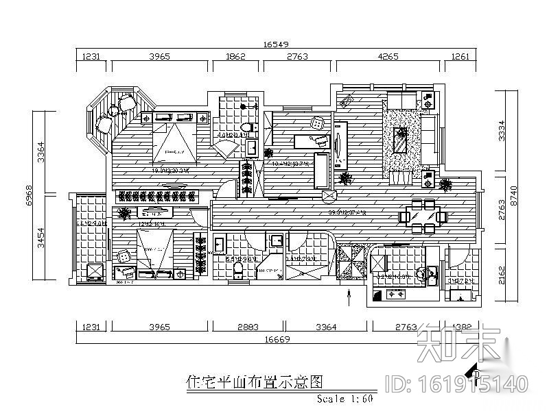 现代简约三居装修（含效果）cad施工图下载【ID:161915140】