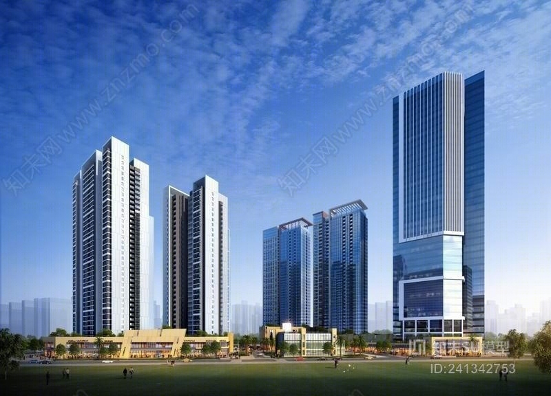 现代高层住宅+办公楼SU模型下载【ID:241342753】