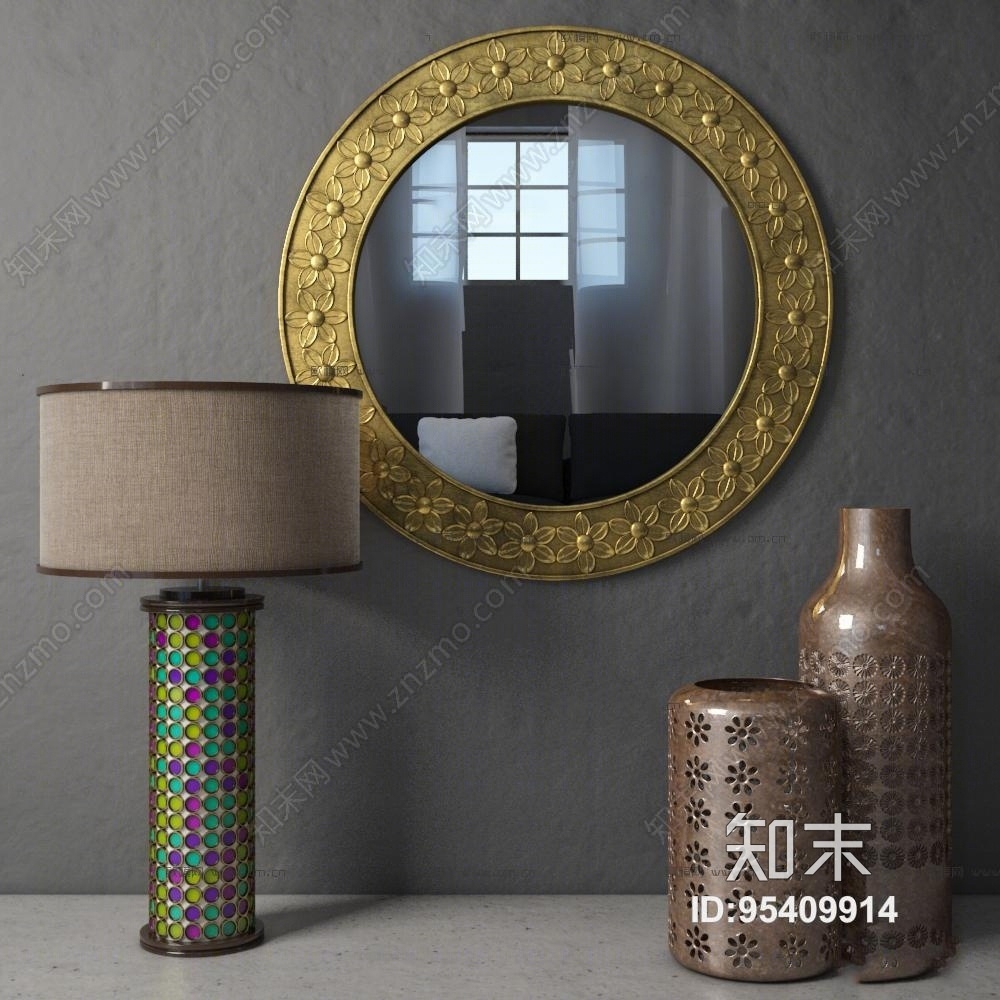 现代陶瓷器皿台灯装饰镜组合3D模型下载【ID:95409914】