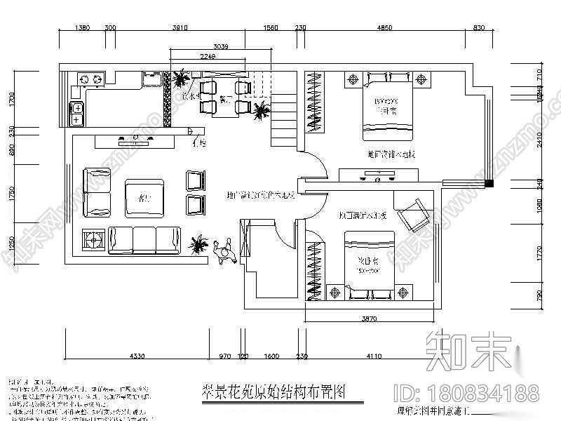 中式二室二厅样板间装修图cad施工图下载【ID:180834188】