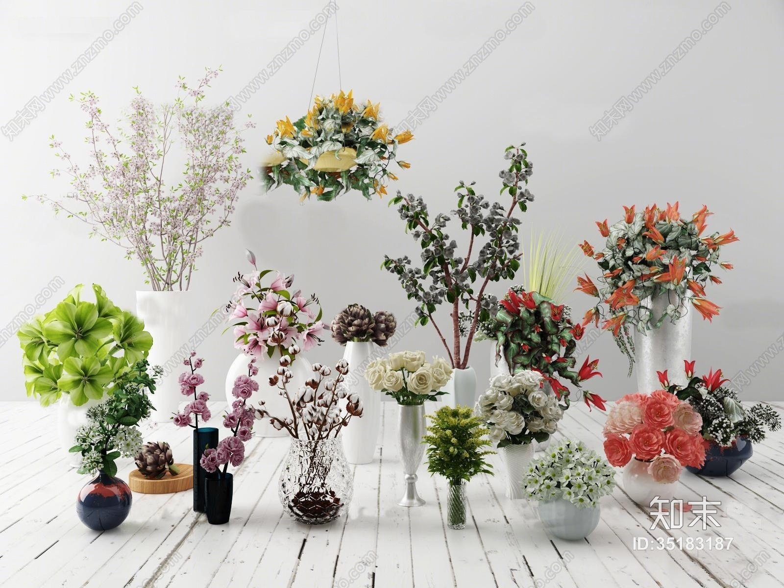 现代玻璃陶瓷花瓶玫瑰百合插花组合3D模型下载【ID:35183187】