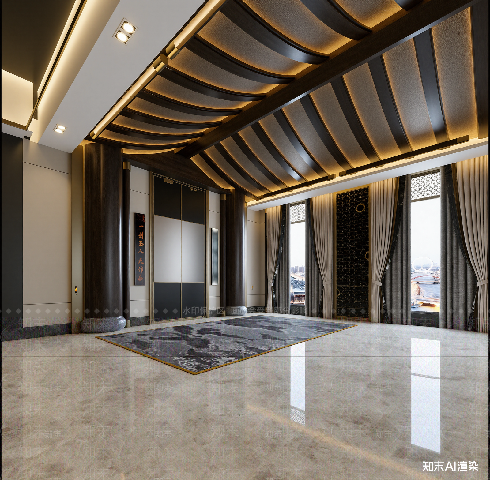新中式别墅客厅3D模型渲染效果图