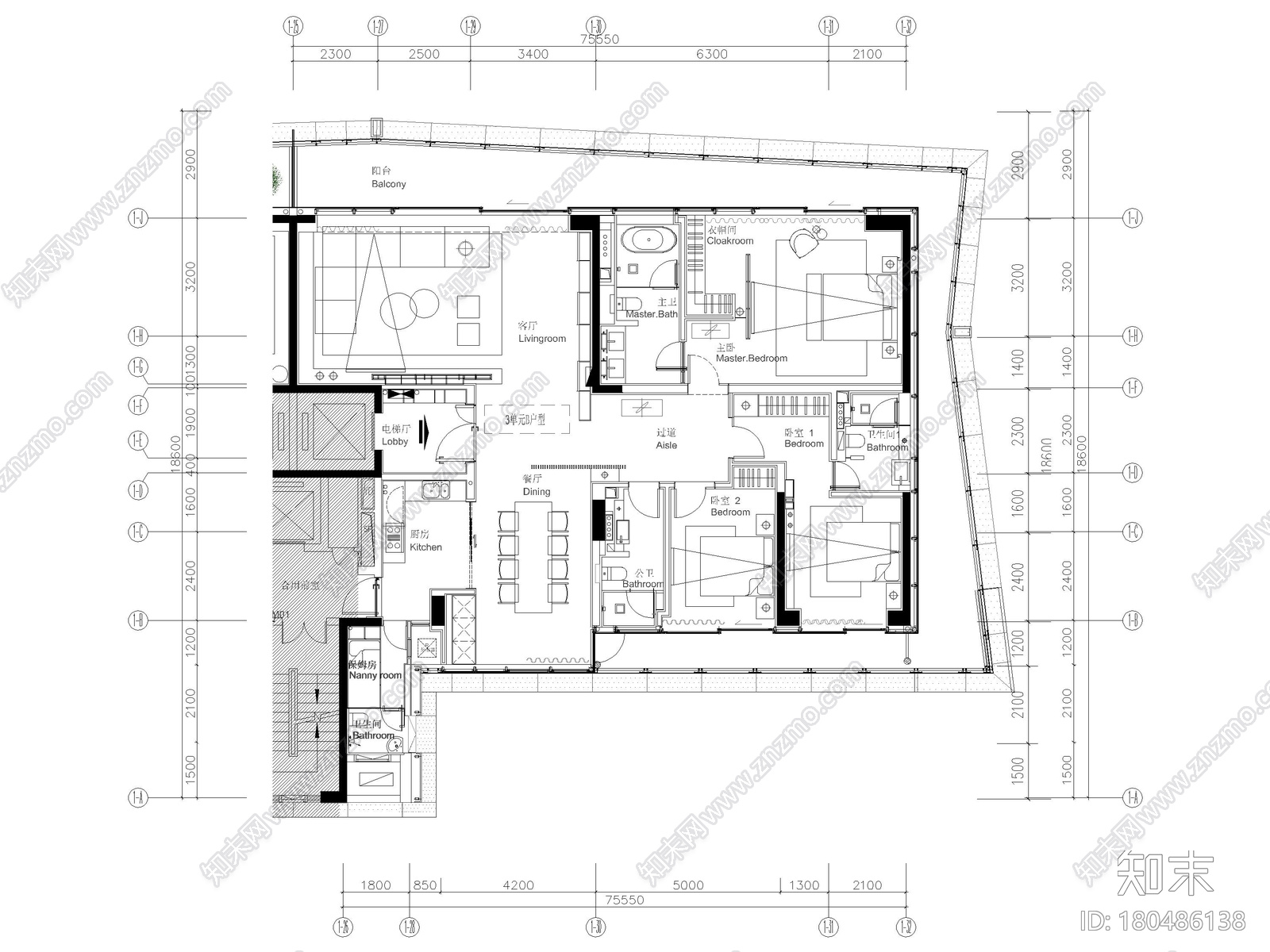 [深圳]192㎡三居平层家装样板间装修施工图施工图下载【ID:180486138】