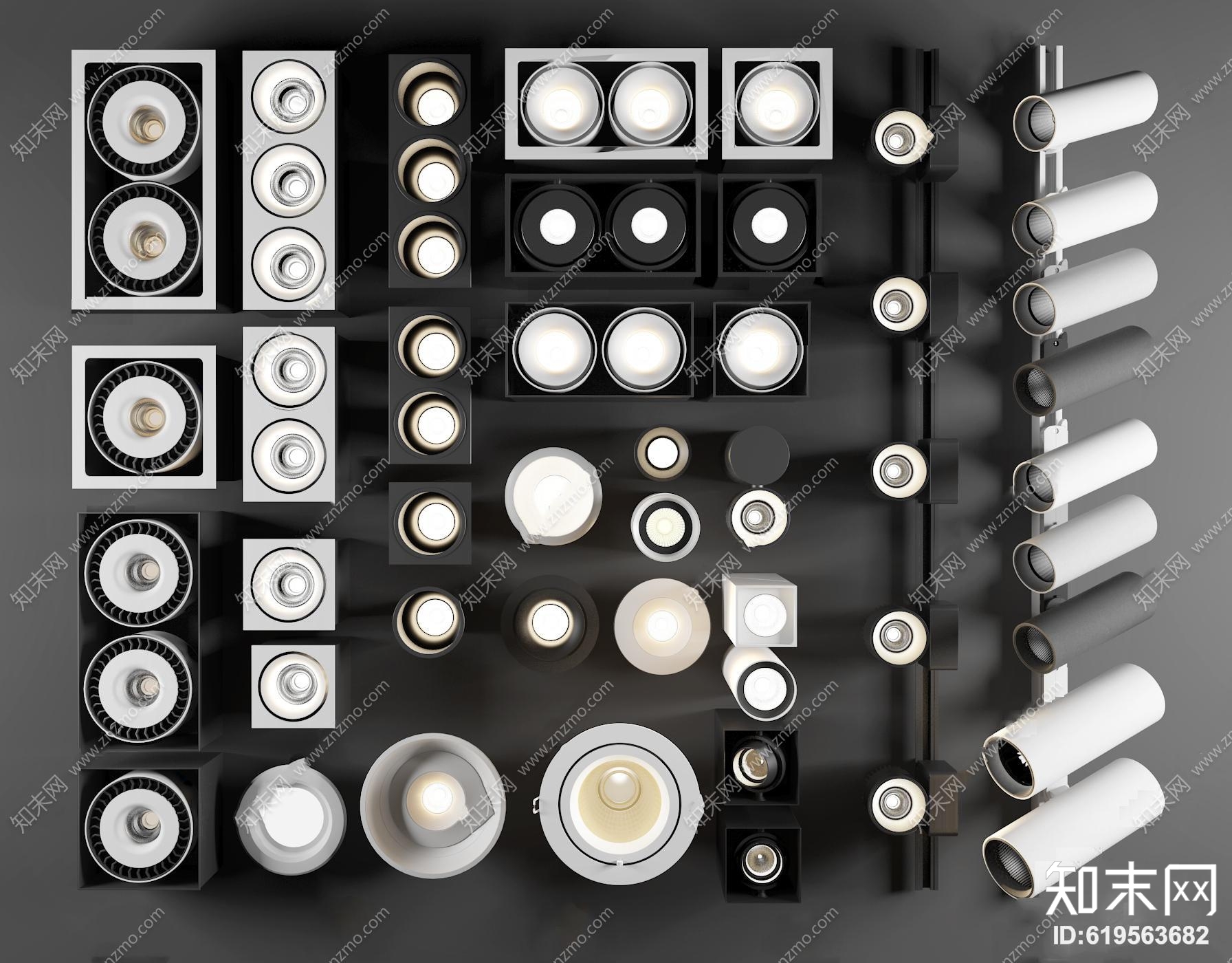 現代射燈筒燈軌道燈組合3d模型下載【id:619563682】
