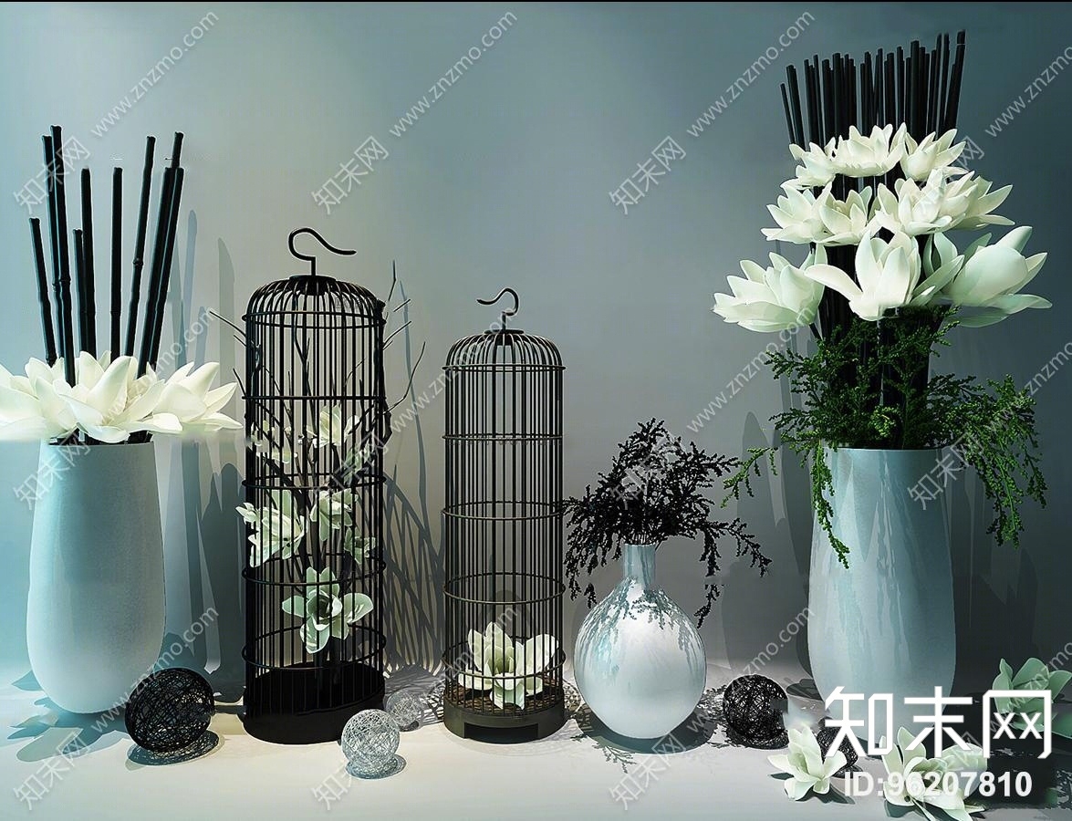 中式花瓶花卉鸟笼摆件组合3D模型下载【ID:96207810】