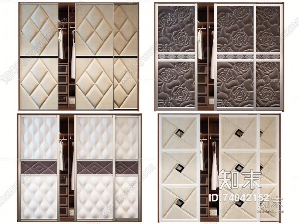 欧式衣柜软包移门推拉门组合3D模型下载【ID:74042152】