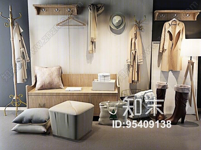现代鞋柜挂衣板女鞋服饰组合3D模型下载【ID:95409138】
