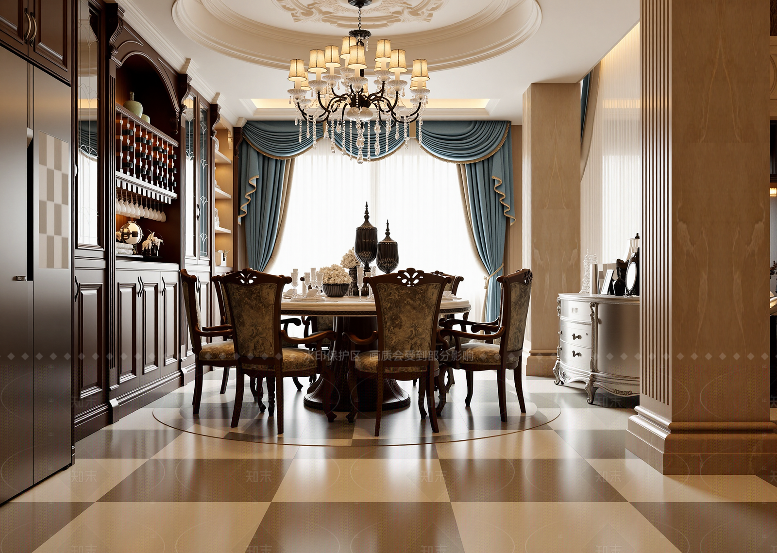 简欧别墅餐厅3D模型下载【ID:1214583752】