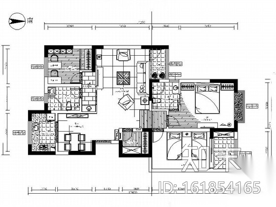 [江苏]现代简约风格三居室室内装修CAD施工图施工图下载【ID:161854165】