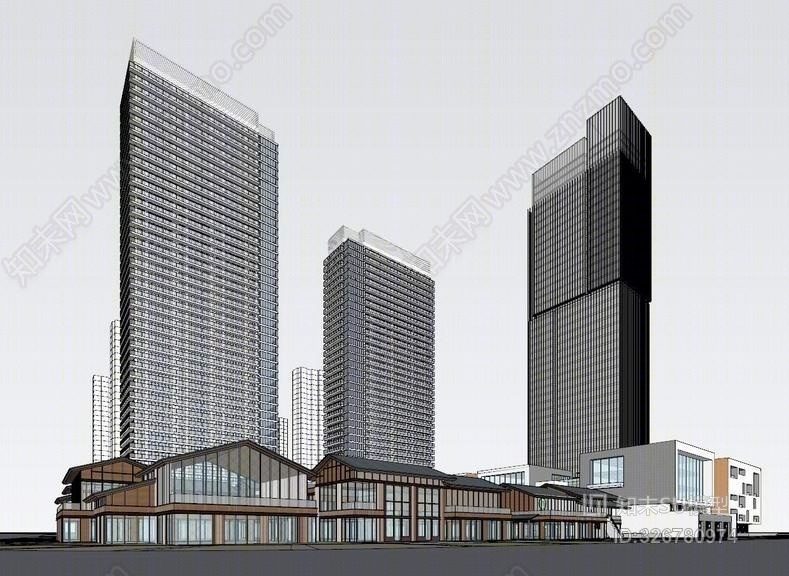 金地南京超高层办公楼+太古里风格商业街SU模型下载【ID:326780974】