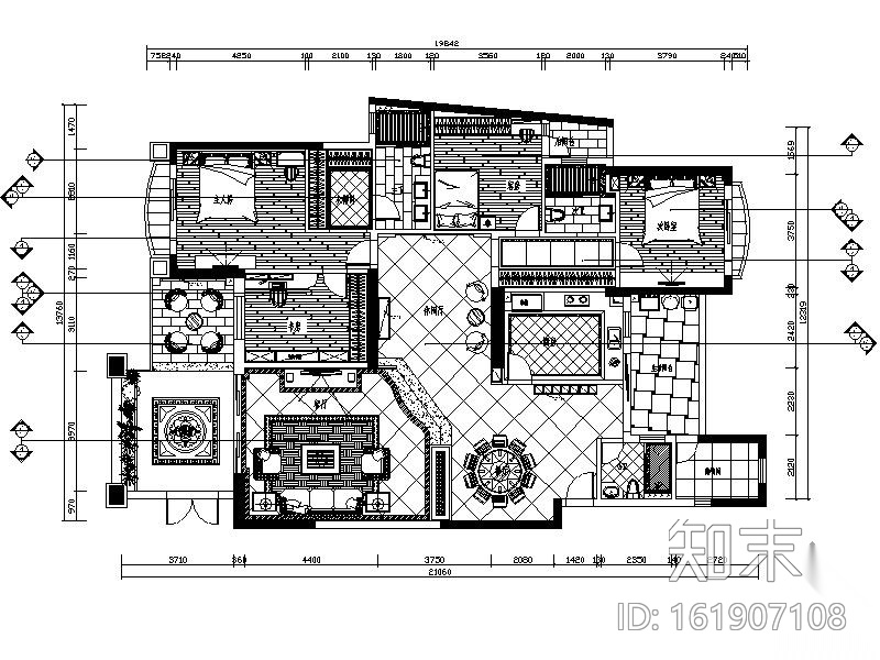 中式风四居豪宅室内装修图cad施工图下载【ID:161907108】