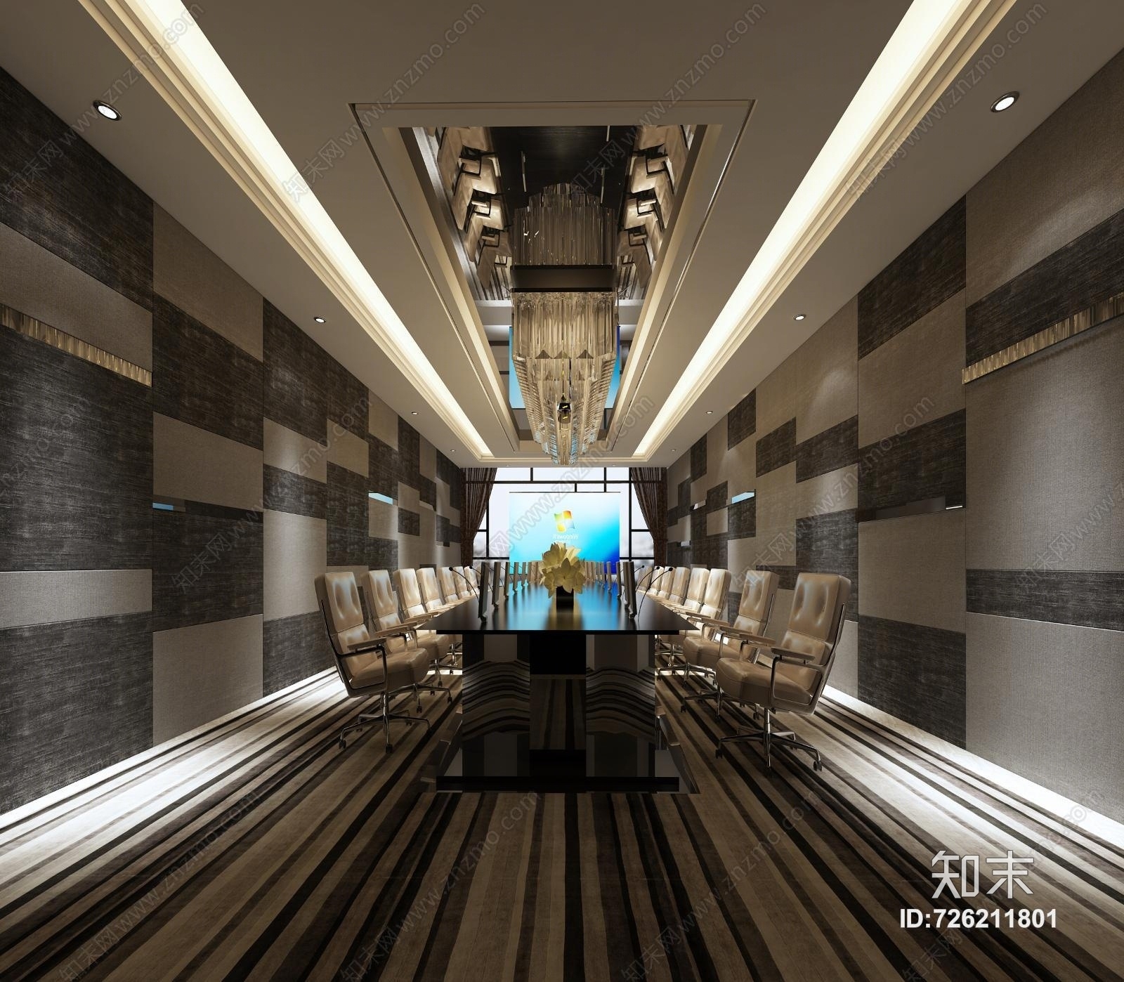 现代会议桌椅子水晶吊灯3D模型下载【ID:726211801】