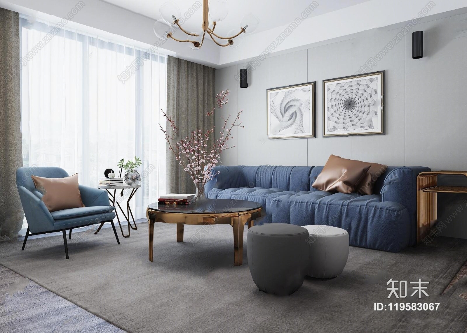 现代布艺沙发休闲椅茶几吊灯组合3D模型下载【ID:119583067】