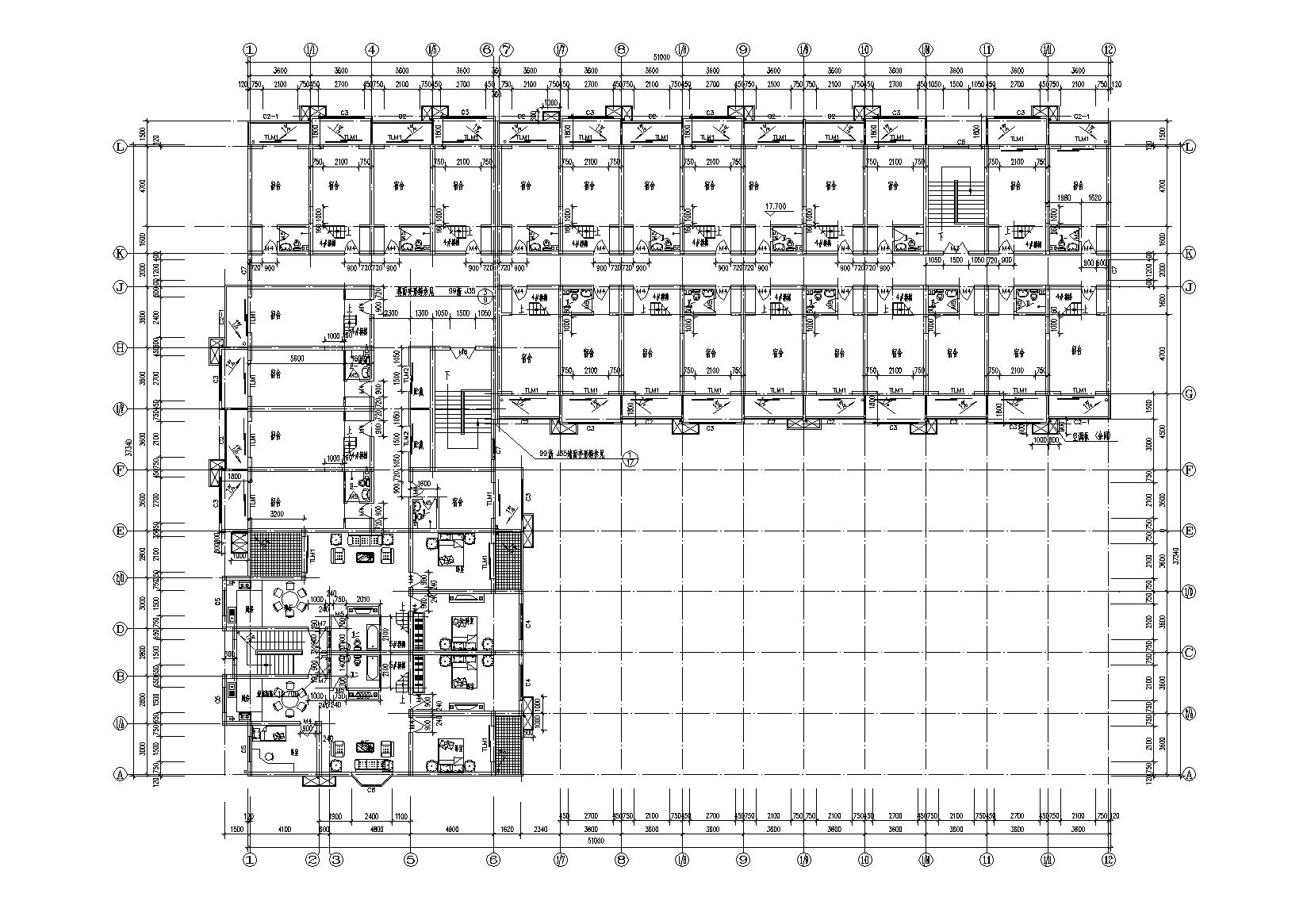 L型多层混居宿舍建筑施工图cad施工图下载【ID:164871175】