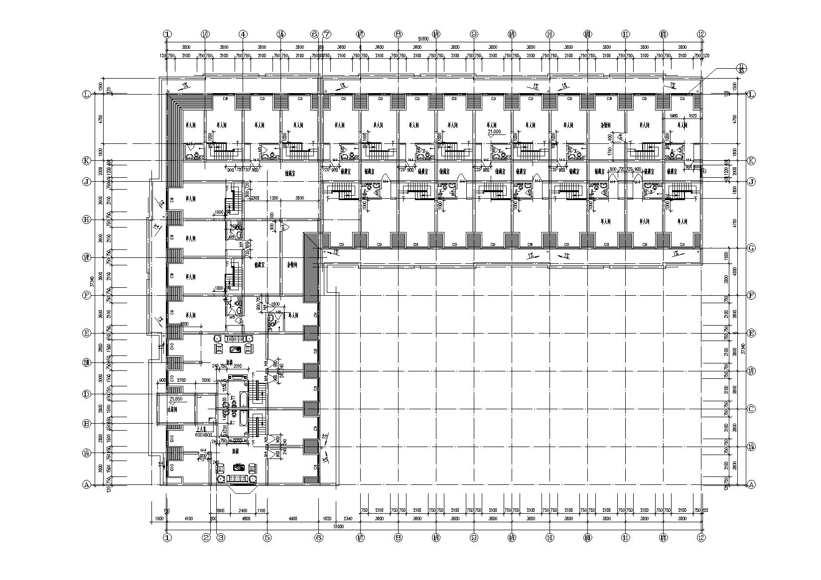 L型多层混居宿舍建筑施工图cad施工图下载【ID:164871175】