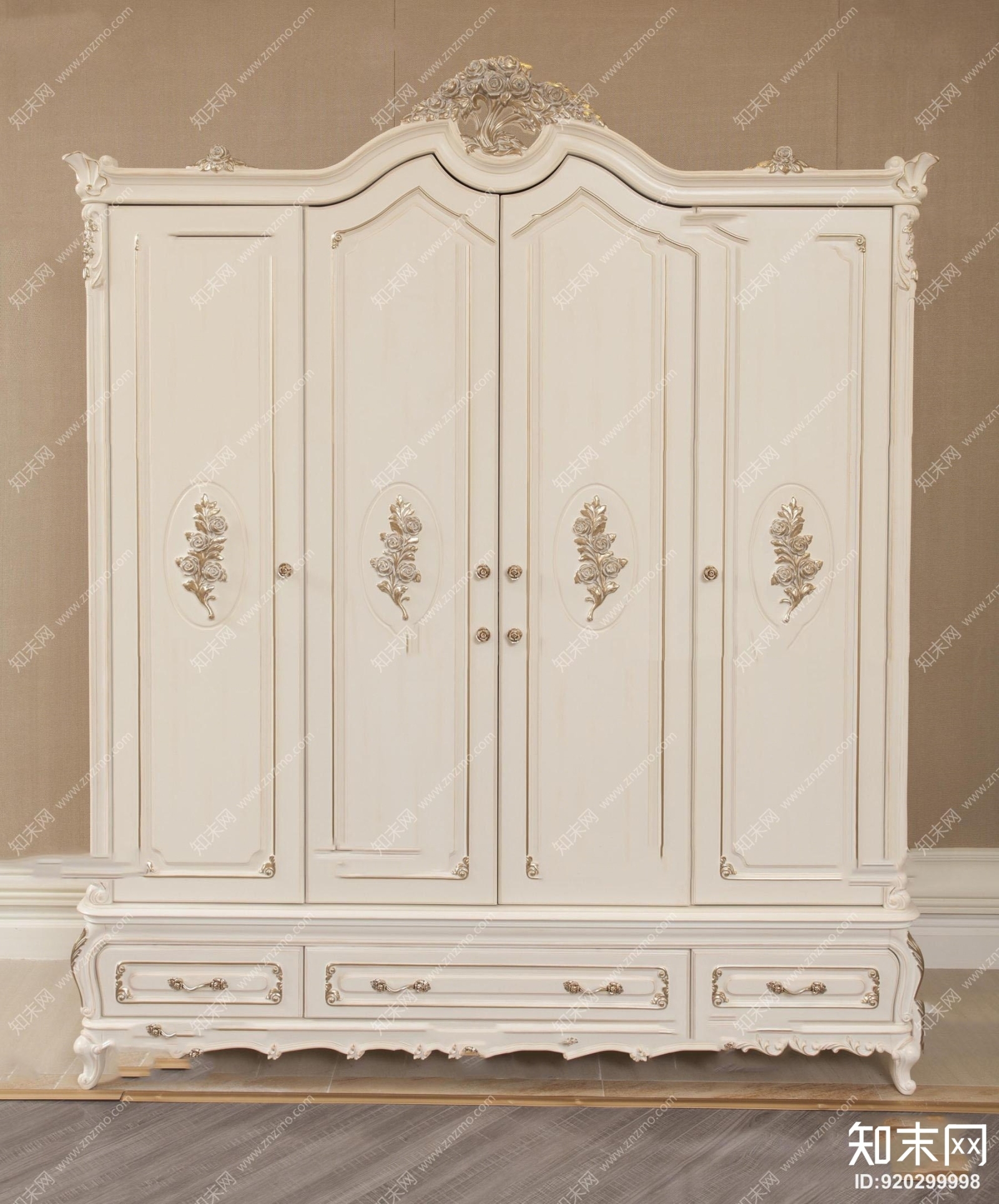 简欧实木雕花四门衣柜3D模型下载【ID:920299998】