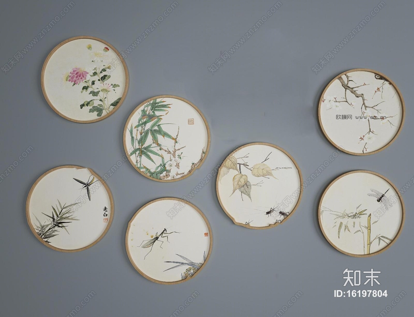 新中式植物挂画组合3D模型下载【ID:16197804】