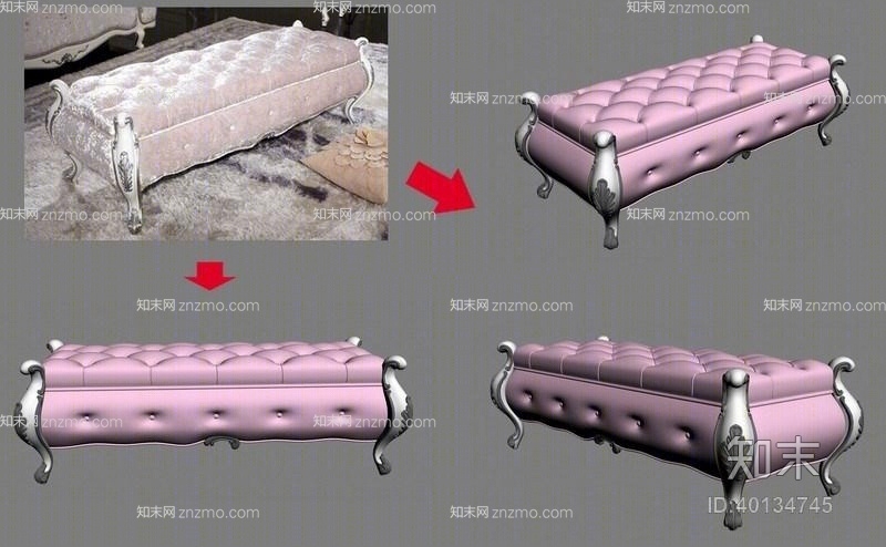 欧式古典粉色长方形布艺床尾凳3D模型下载【ID:40134745】
