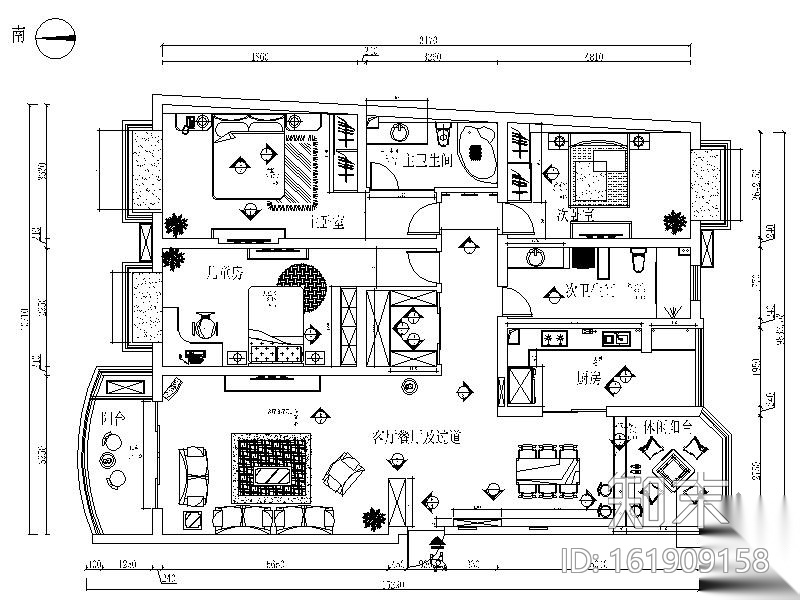 现代三居室内装修图（含效果图）cad施工图下载【ID:161909158】