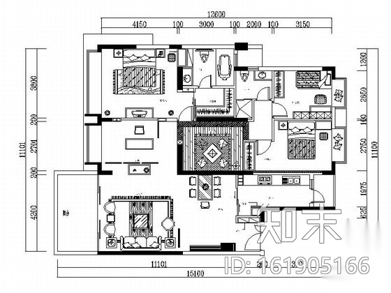 知名集团新中式三居样板房室内装修图cad施工图下载【ID:161905166】