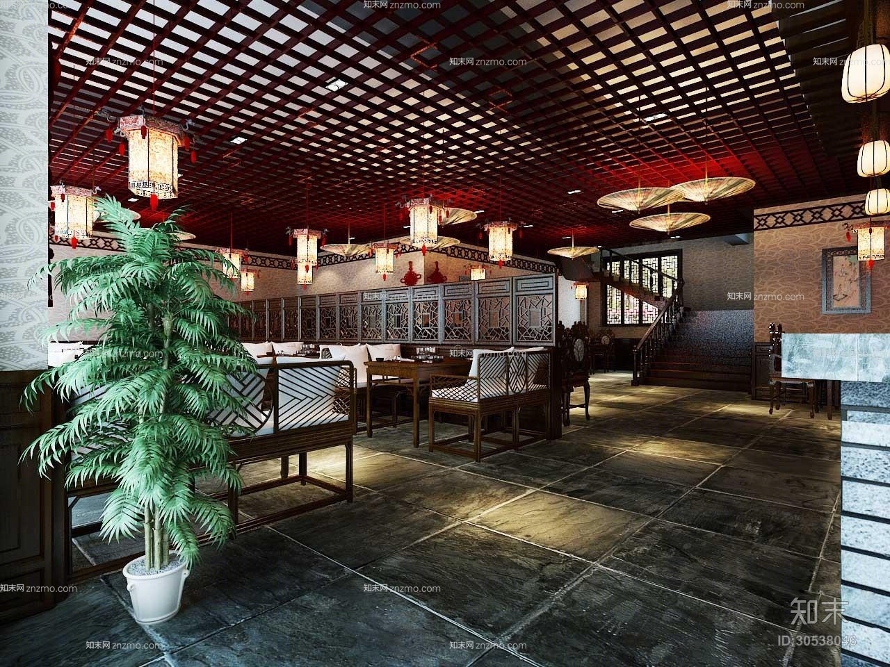 传统中式木艺餐桌椅组合3D模型下载【ID:30538046】
