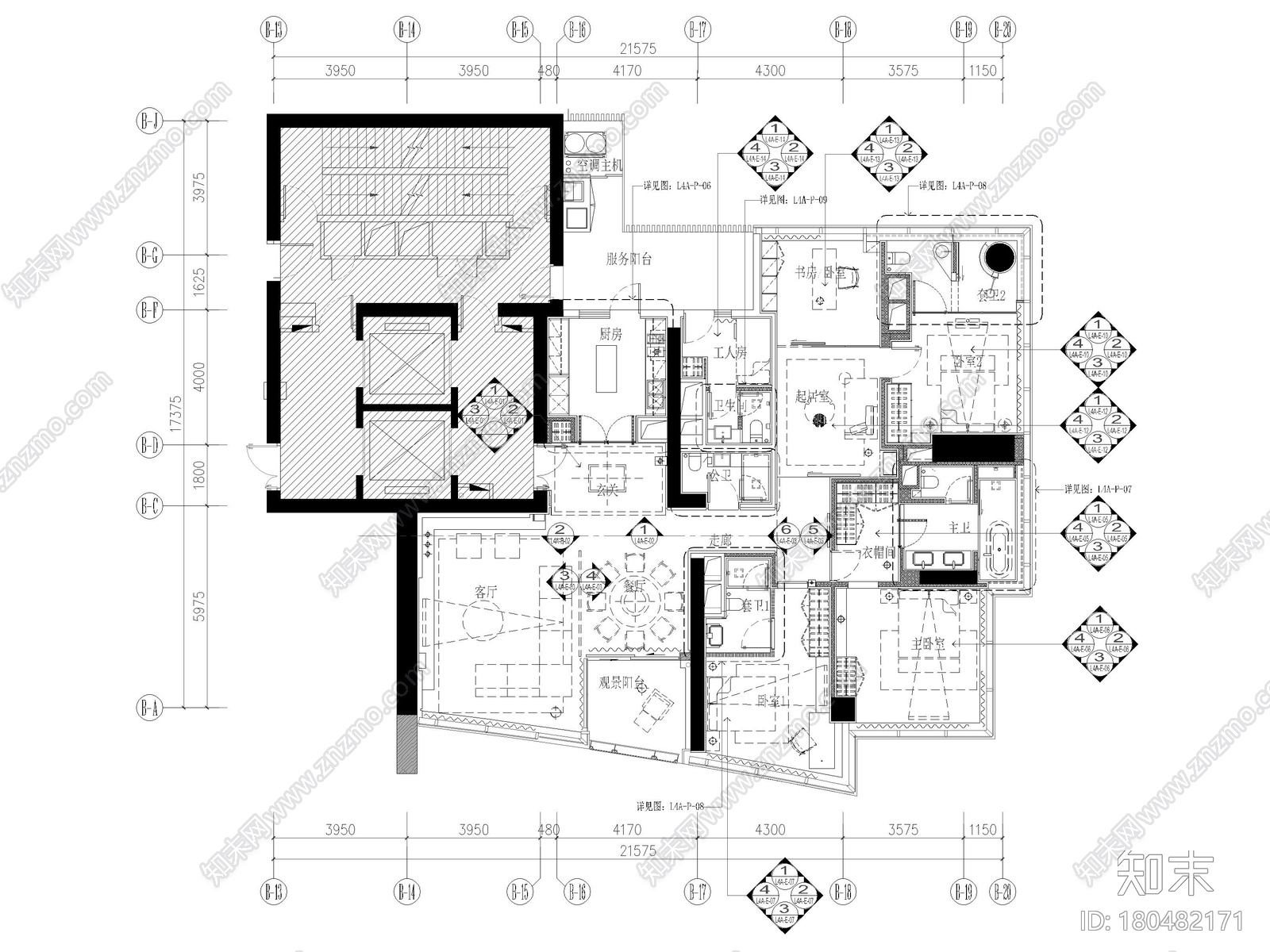 [珠江]240㎡现代三居家装样板间装修施工图施工图下载【ID:180482171】