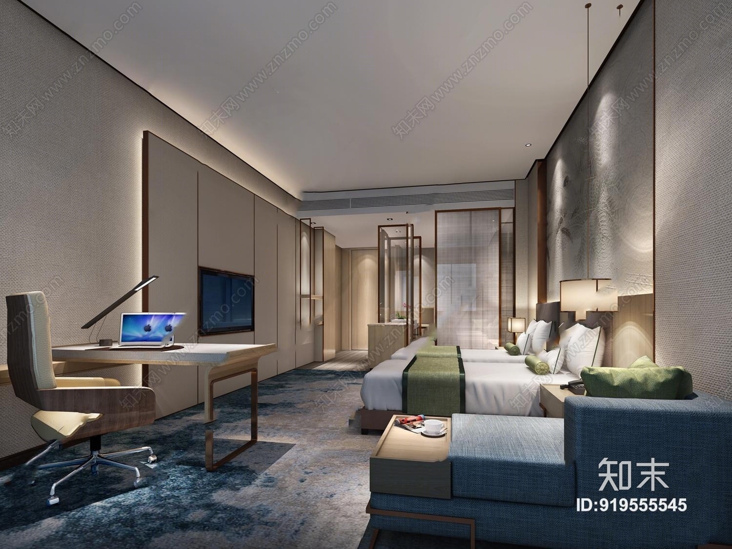 现代酒店客房双人间3D模型下载【ID:919555545】