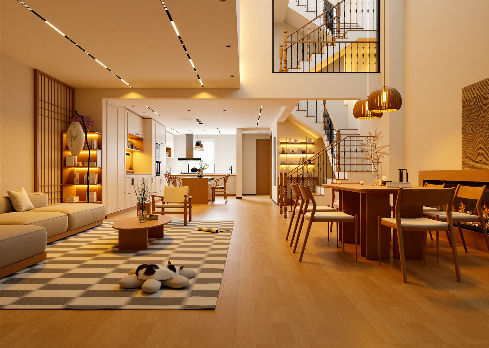 日式大平层客餐厅3D模型下载【ID:1215063119】
