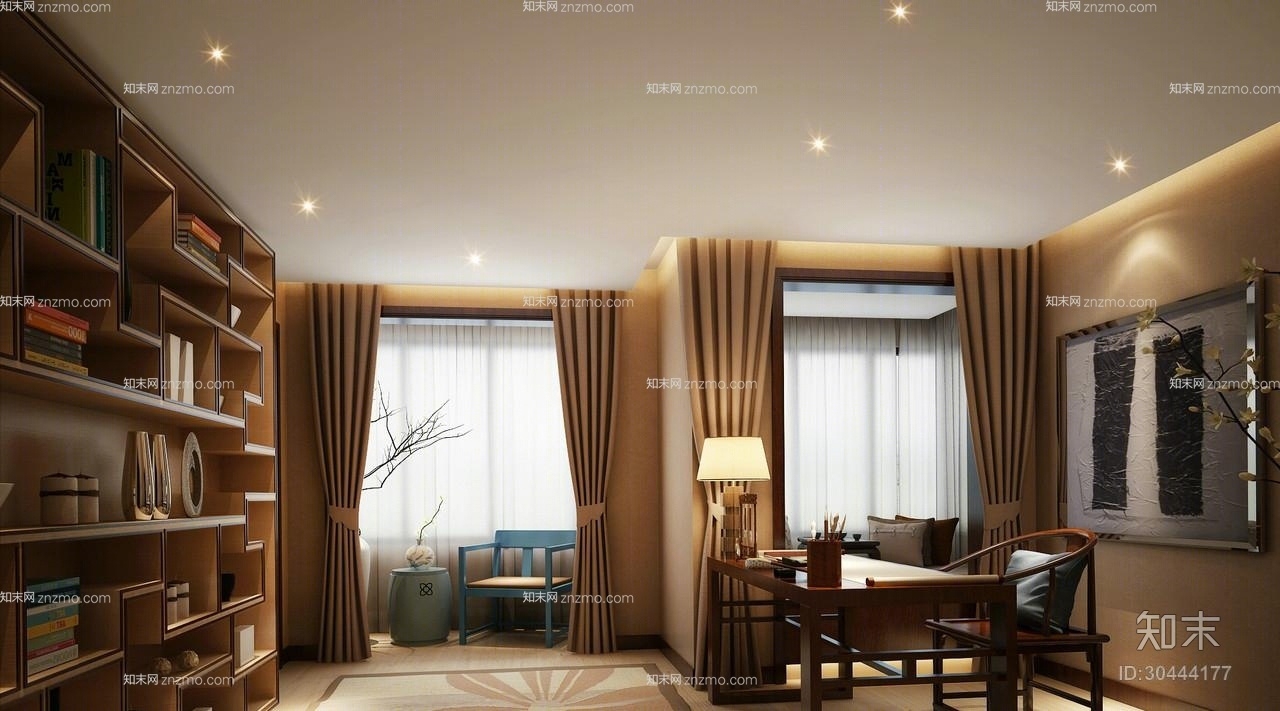 新中式木艺书桌椅组合3D模型下载【ID:30444177】