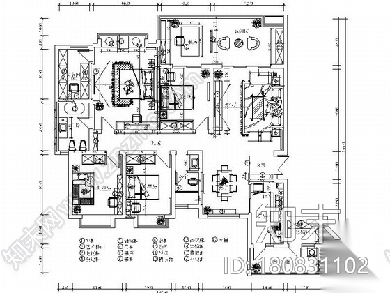 高档新中式五居室样板房装修图（含效果）cad施工图下载【ID:180831102】