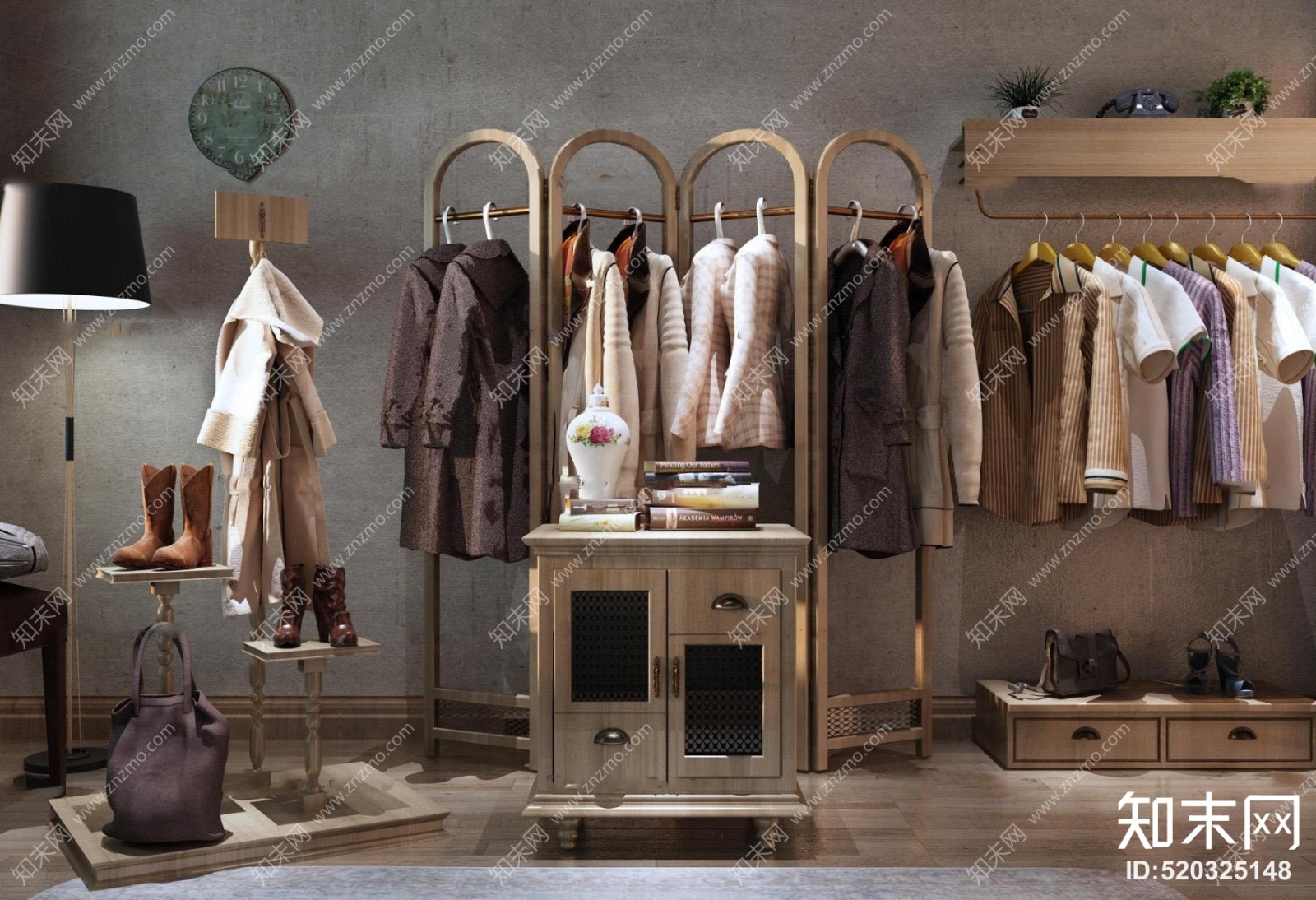 现代复古服饰展示架组合3D模型下载【ID:520325148】