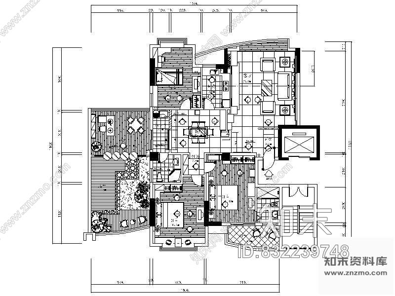 平层四居室平面布置图cad施工图下载【ID:832239748】