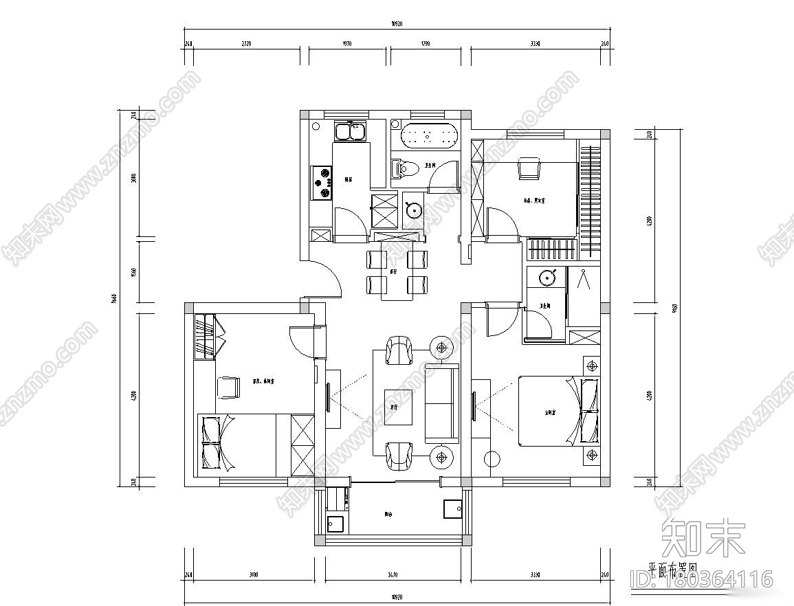 [江苏]90㎡三室一厅一厨一卫住宅装修施工图施工图下载【ID:180364116】