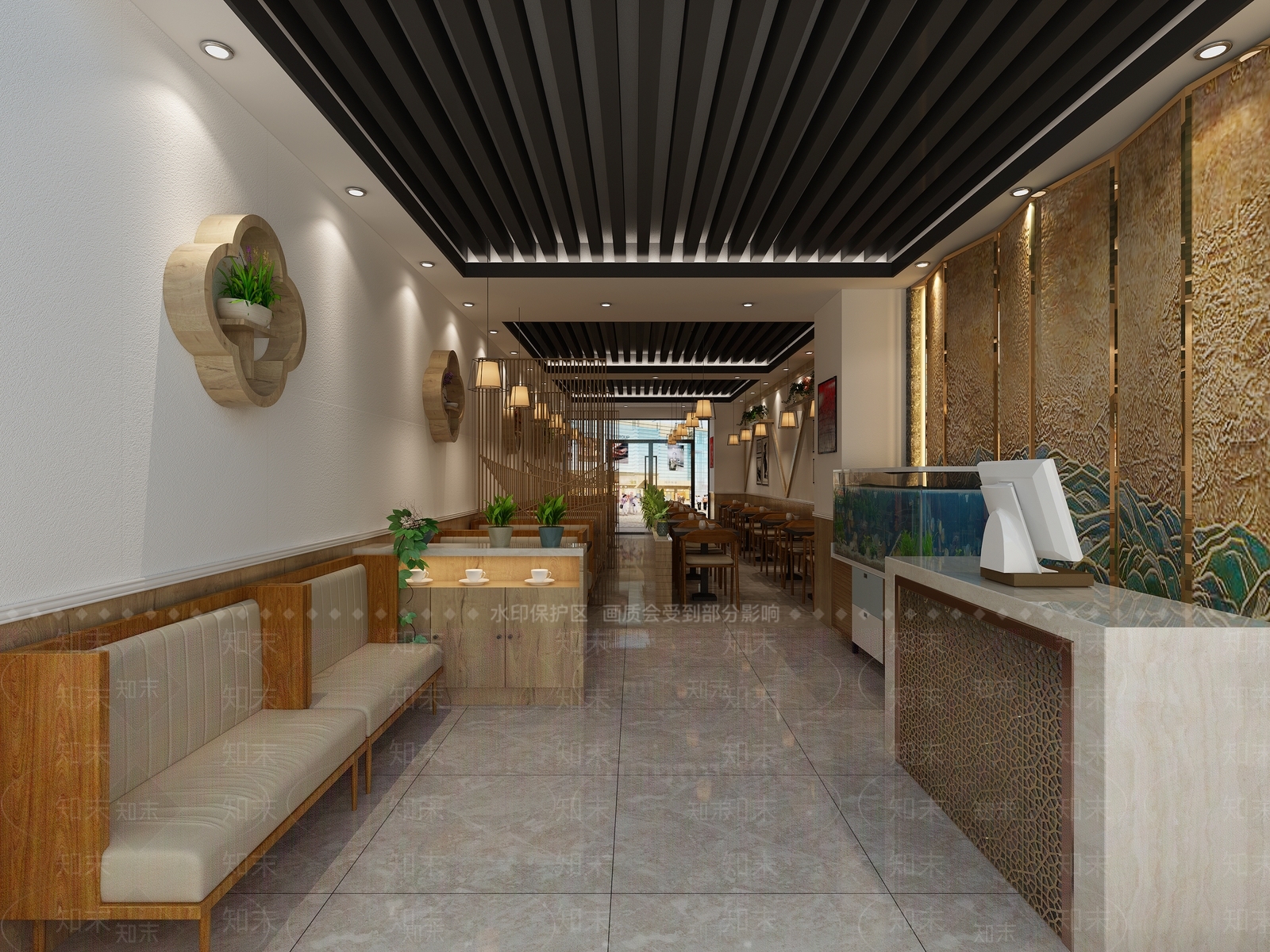 新中式湘菜馆餐饮店面吧台背景3D模型下载【ID:332429462】