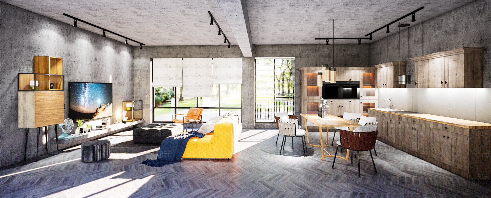 工业风客厅餐厅厨房沙发茶几餐桌椅橱柜装饰柜休闲椅SU模型下载【ID:933222890】