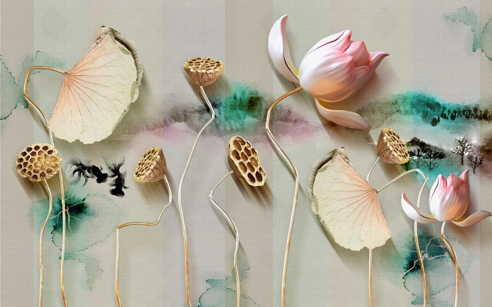 新中式荷花装饰画贴图下载