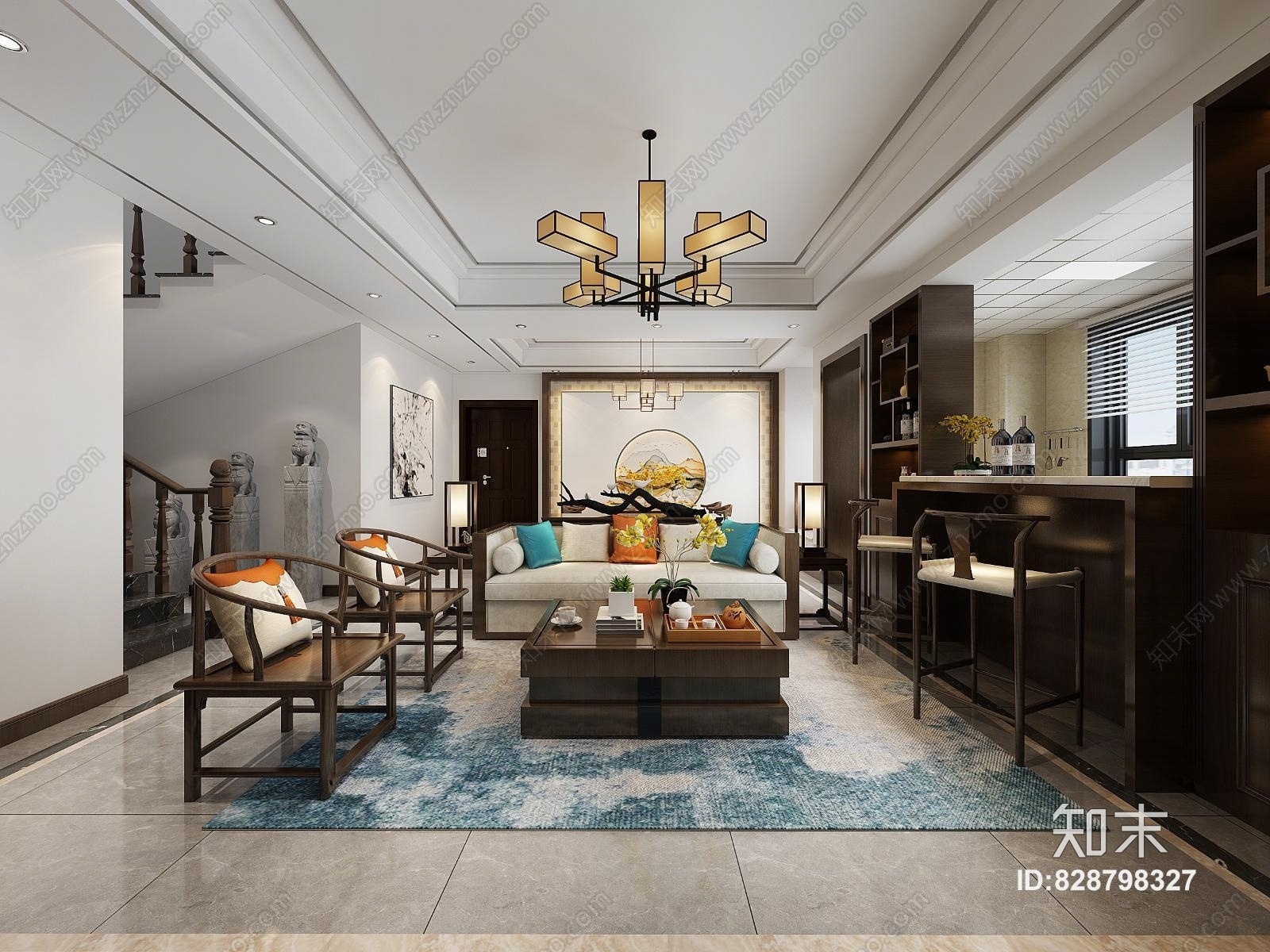新中式全景客厅3D模型下载【ID:828798327】