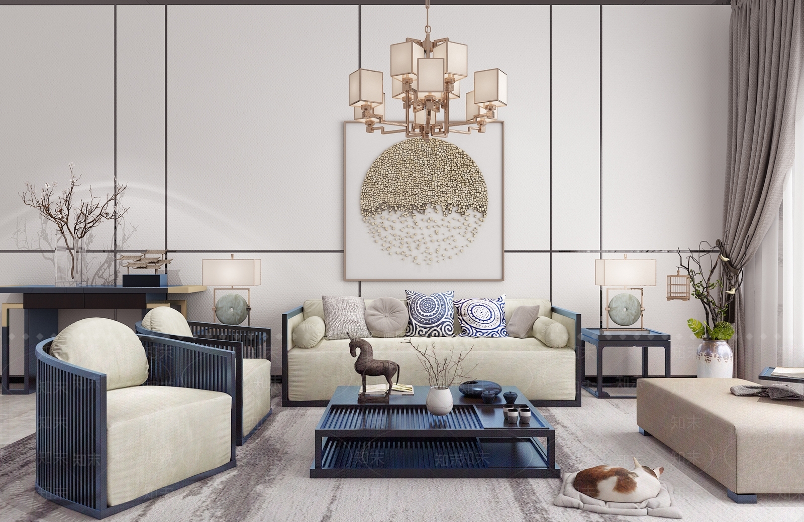 新中式沙发茶几玄关柜吊灯组合3D模型下载【ID:135120048】