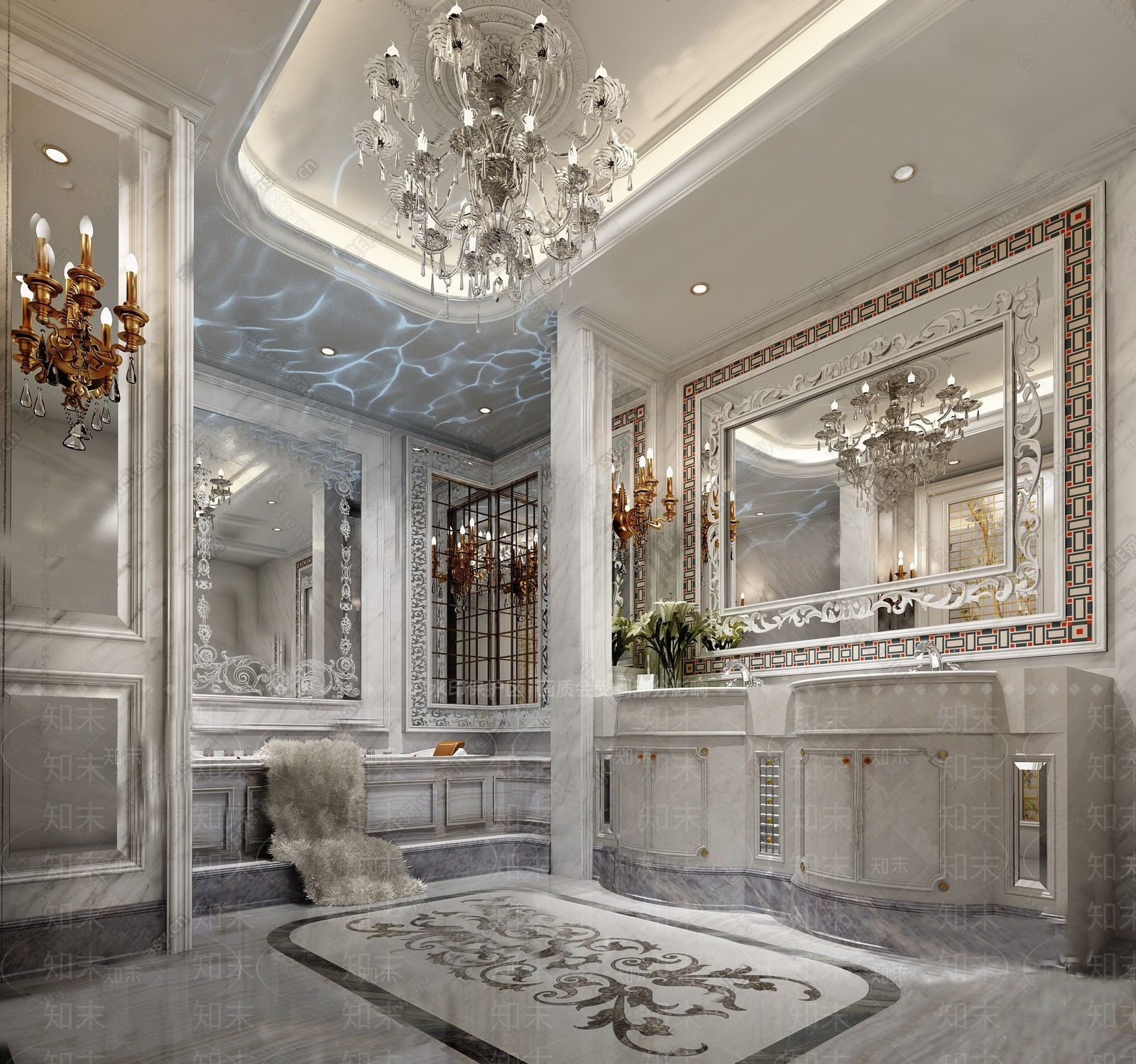 欧式古典欧式卫生间雕花镜子吊灯壁灯3D模型下载【ID:532477560】