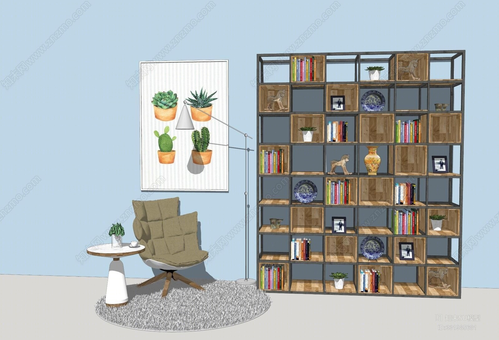 ins风格现代家居书房卧室图书角书架置物架休闲书桌休闲椅家庭娱乐休闲区SU模型下载【ID:331985681】