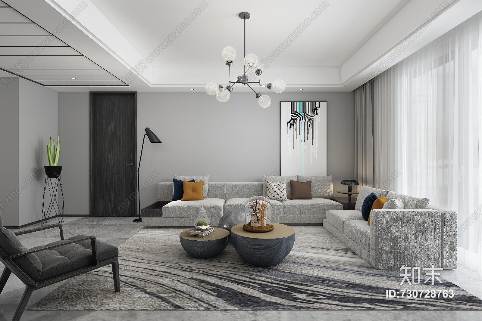 现代客厅餐厅沙发餐桌休闲椅电视柜餐边柜吊灯空调3D模型下载【ID:730728763】