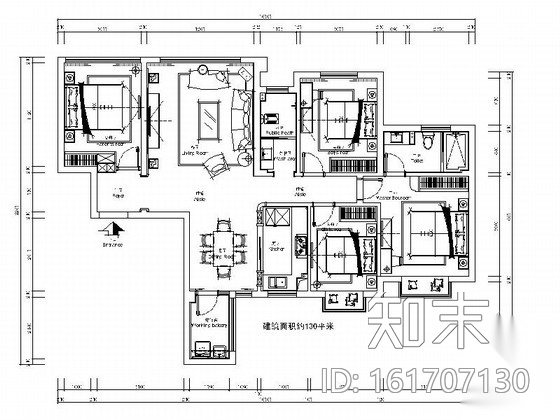 [原创]四室两厅现代温馨家装室内施工图（含效果图）cad施工图下载【ID:161707130】