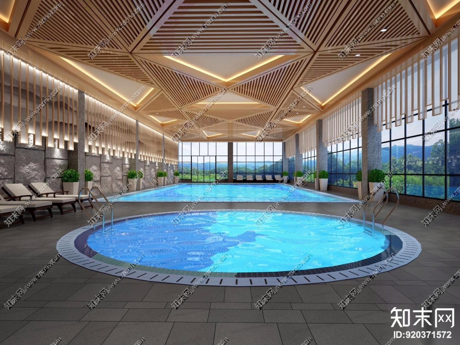 现代酒店会所游泳池3D模型下载【ID:920371572】