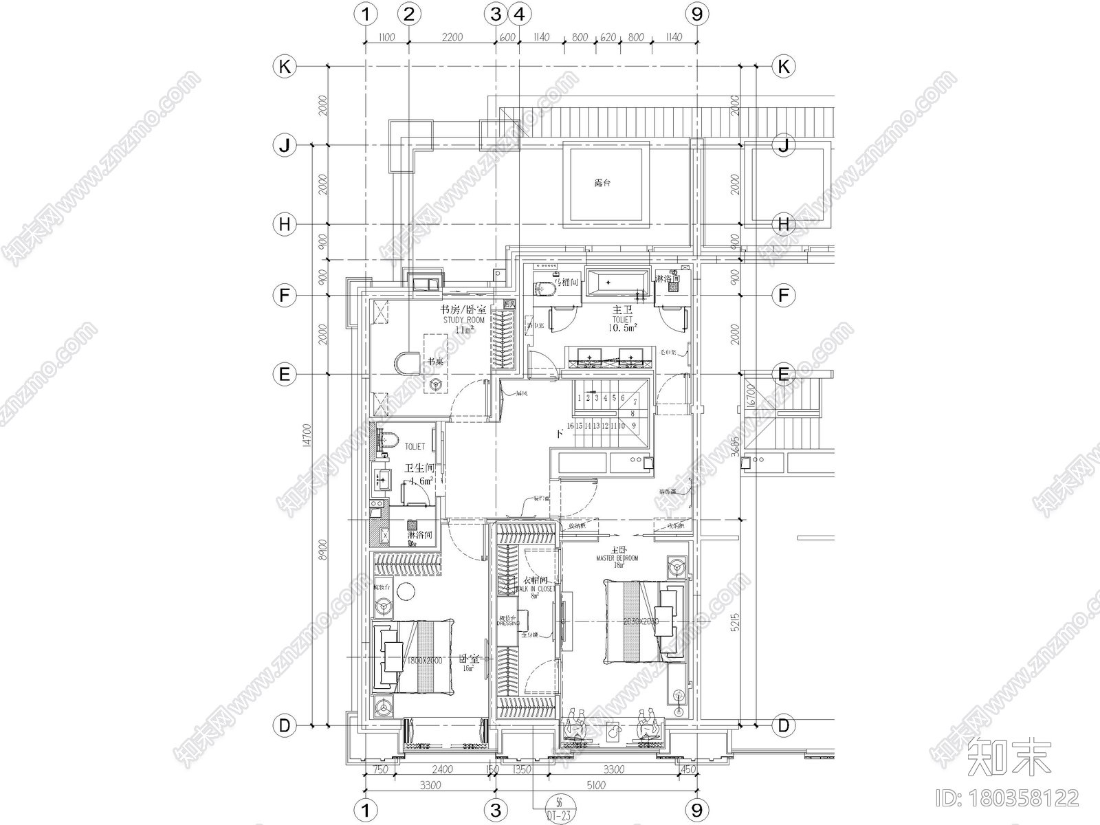 [北京]丰台208㎡上叠三居别墅样板房施工图cad施工图下载【ID:180358122】