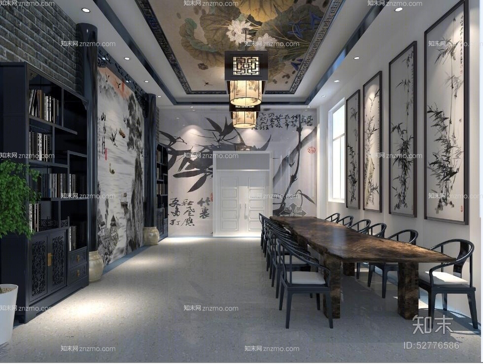 禅意中式黑色木艺吊灯3D模型下载【ID:52776586】