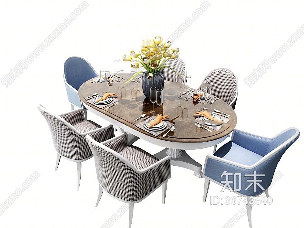 现代餐桌椅餐具组合3D模型下载【ID:36743540】