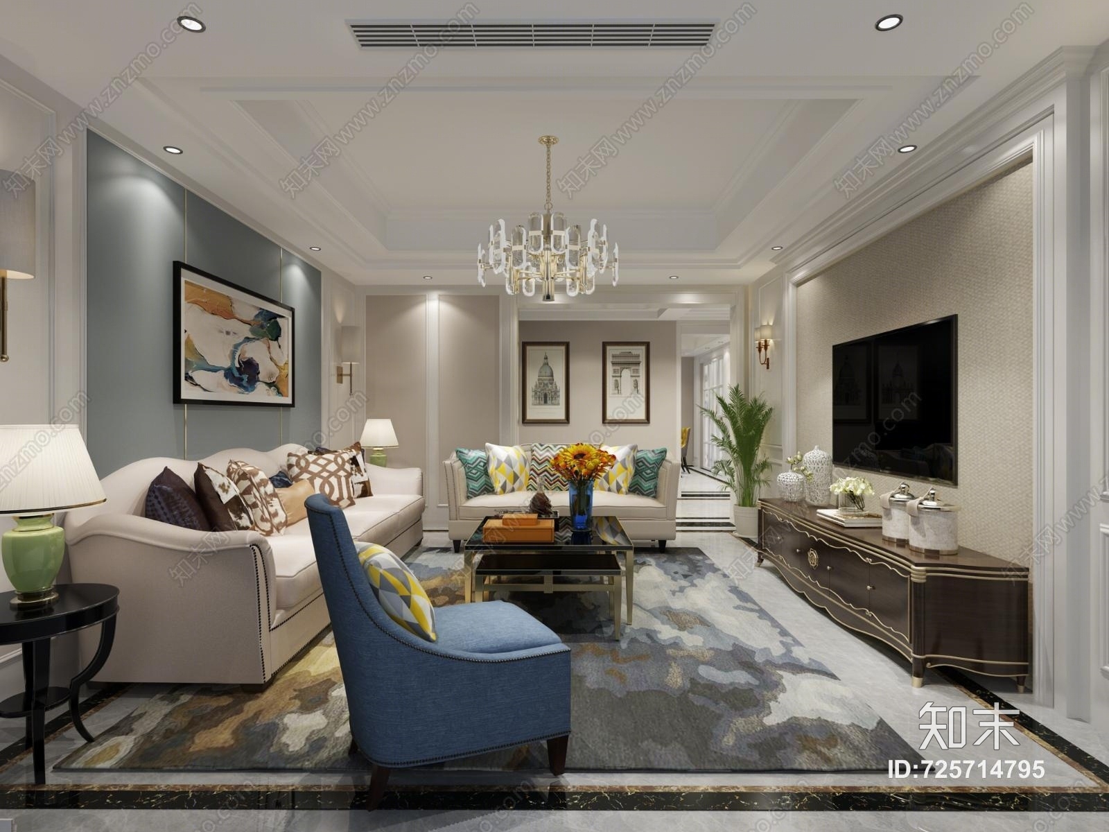 美式风格客厅3D模型下载【ID:725714795】