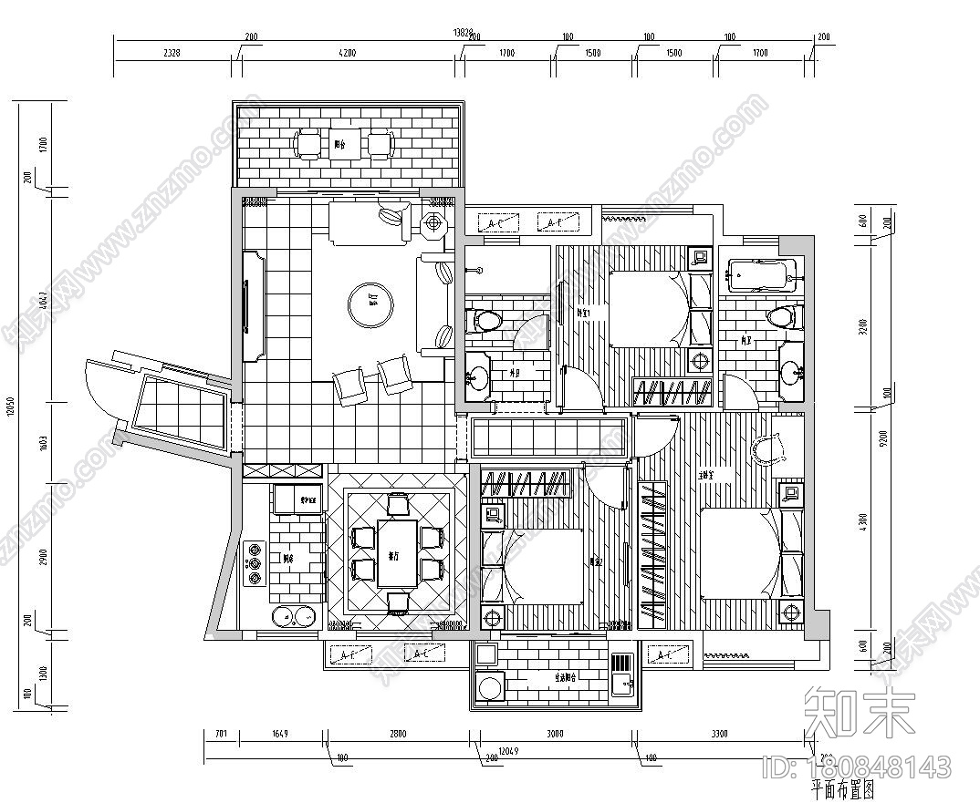 简欧风格125㎡住宅装修施工图设计cad施工图下载【ID:180848143】